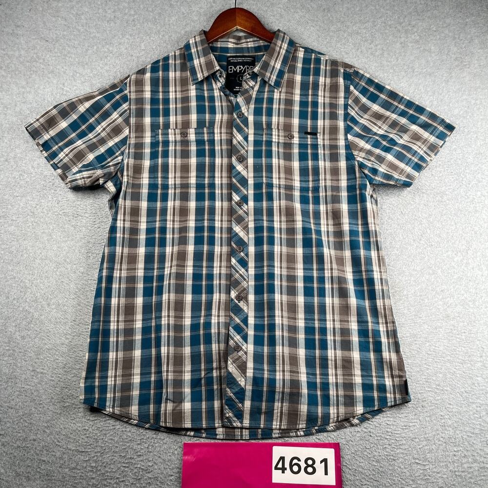Empire Shirt Large Teal Gray Plaid Casual Classic Button Up Short Sleeve Mens